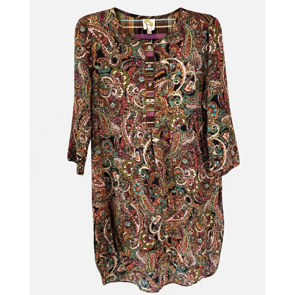 Fig and Flower Womens Medium Boho Paisley Plaid Extra Long Tunic Top 3/4 Sleeve
